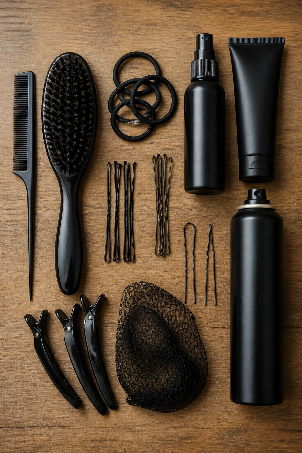 Arrangement of essential chignon tools on a wooden surface