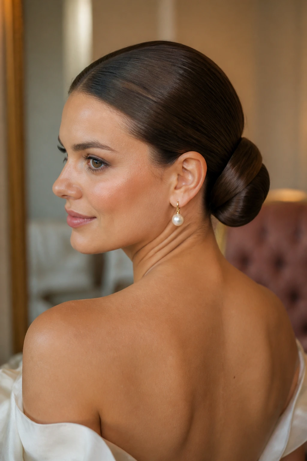 Close-up of a real woman with a sleek chignon updo at the nape, hairpins hidden, soft lighting