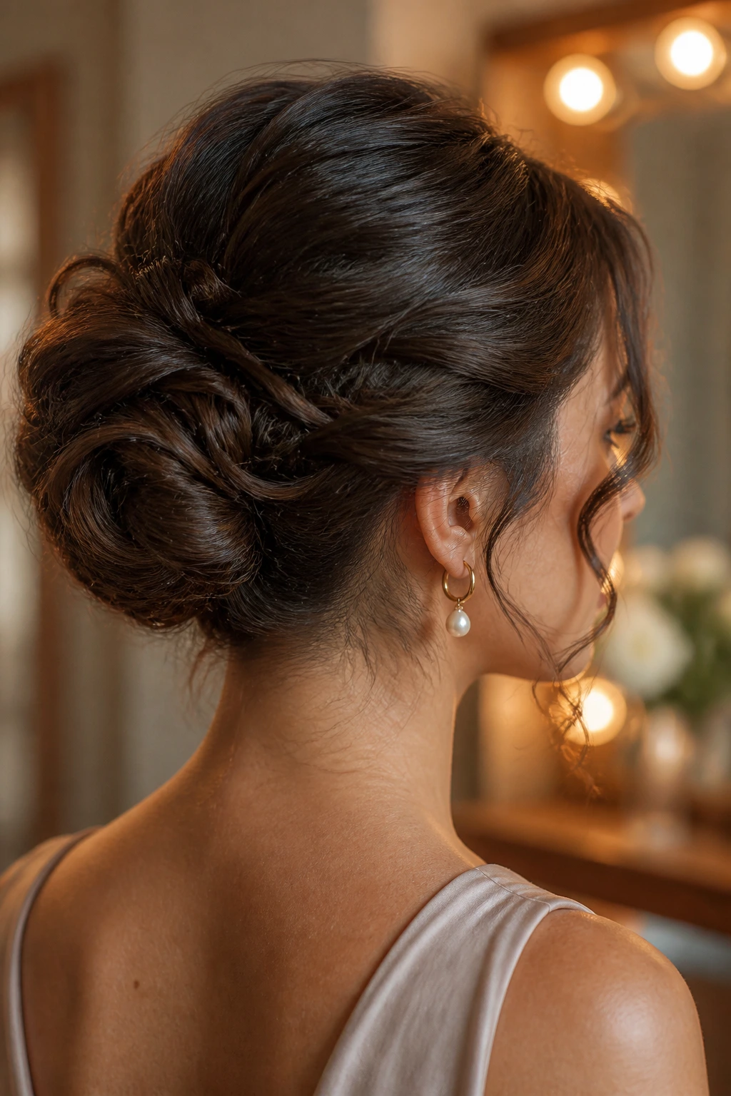Portrait of a real woman with a curl-friendly chignon showing texture.