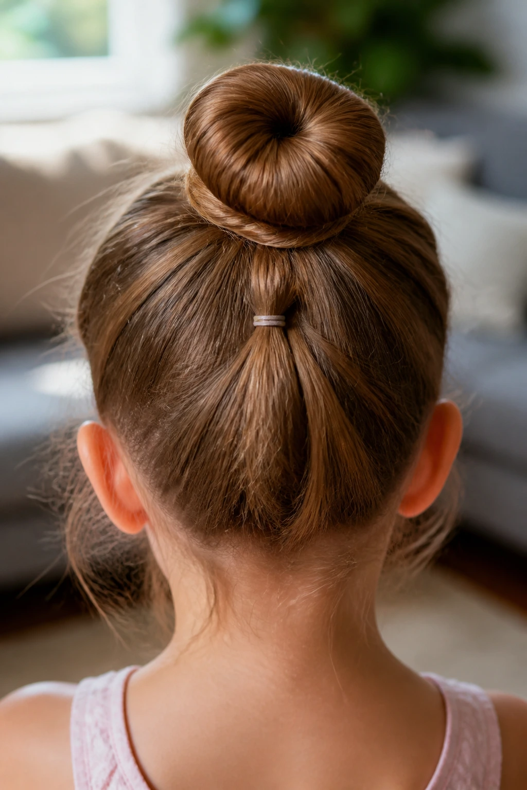 Back-of-head portrait of child wearing a secure bun with anchors