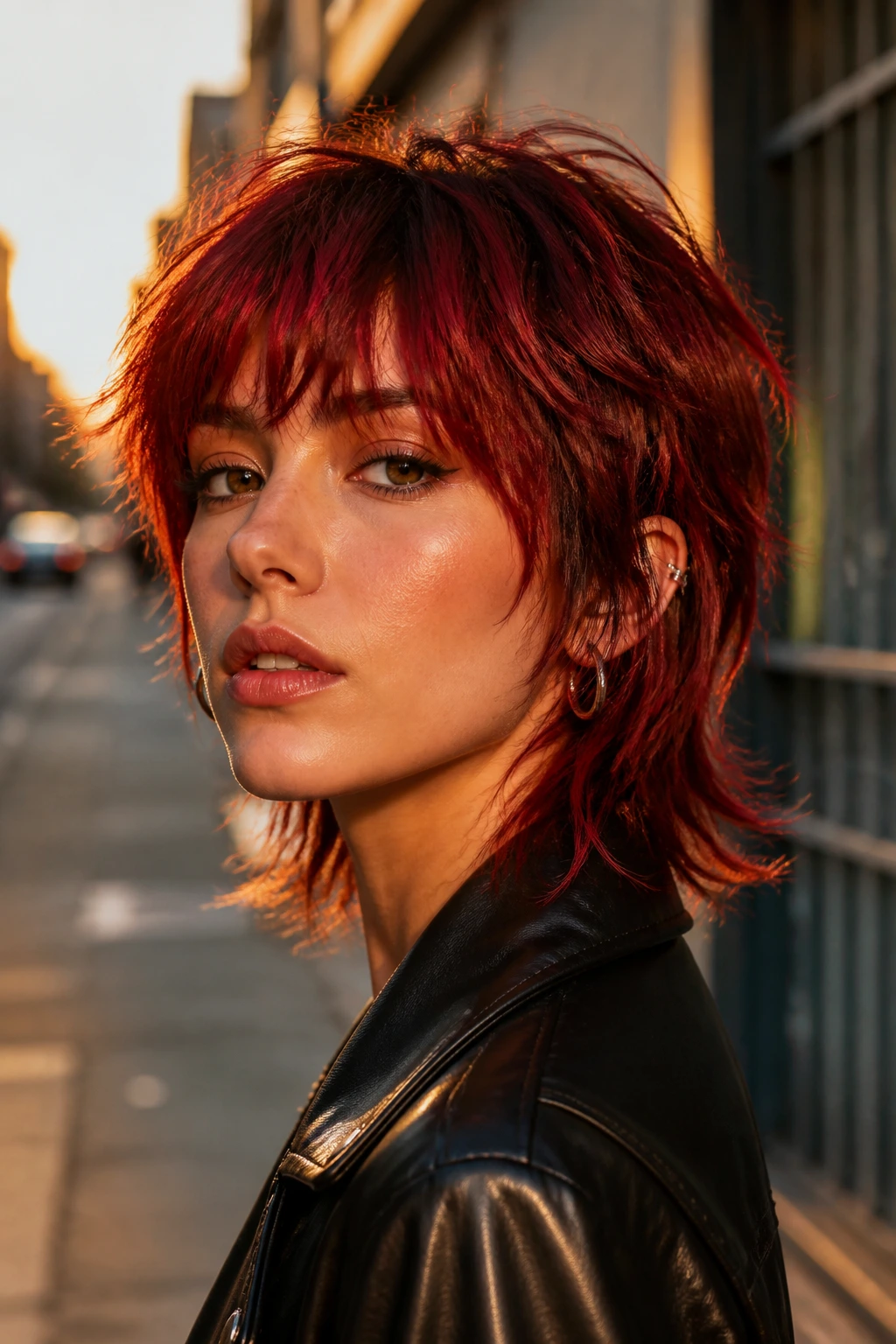 Portrait of a real person with chili pepper red shag, layered texture and bold color in an urban sunset setting