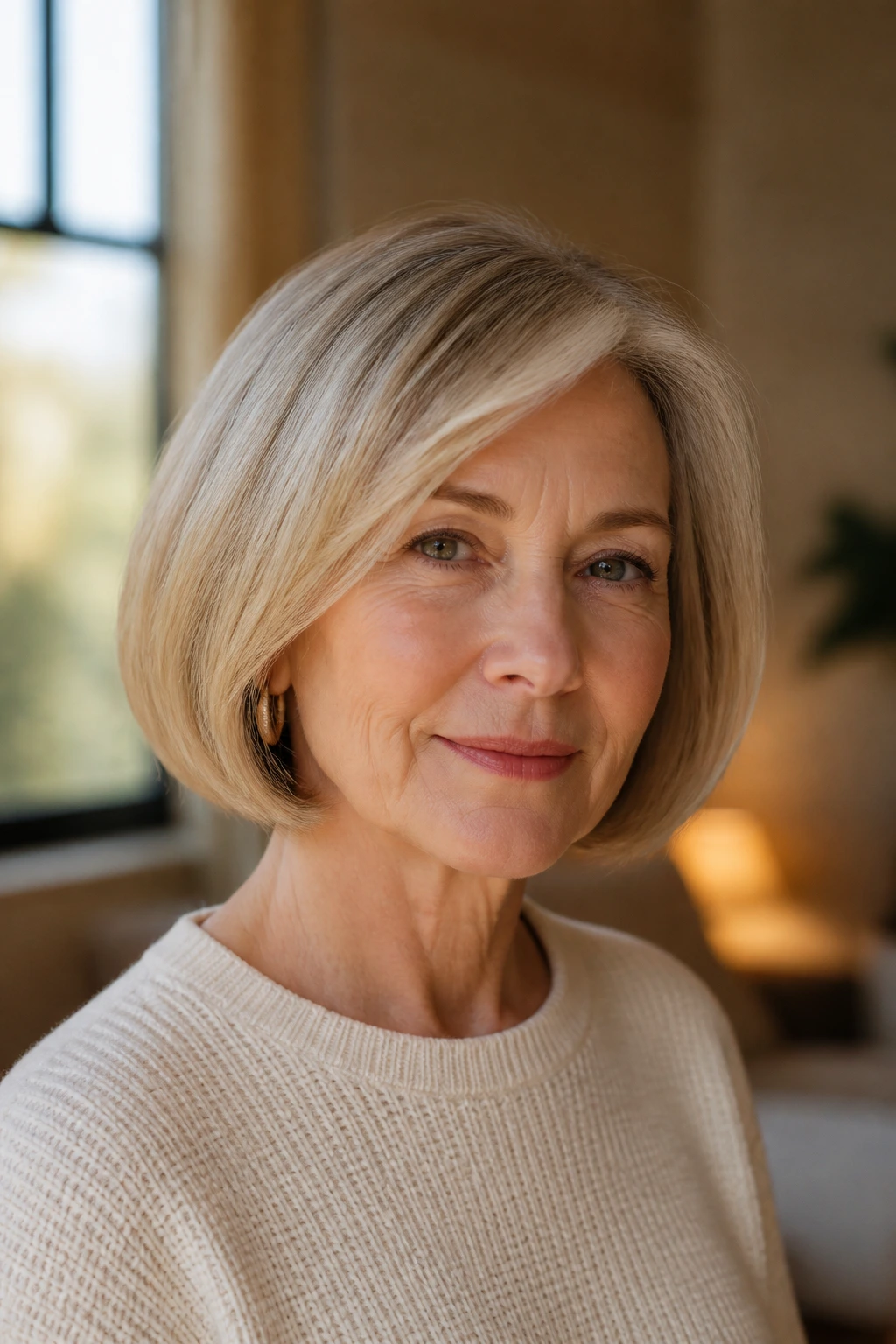 Close-up of a woman with a chin-length blunt bob and crisp ends