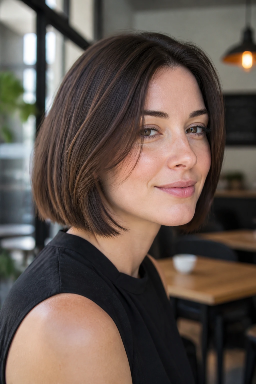 Close-up portrait of a real woman with a chin-length bob and invisible layers