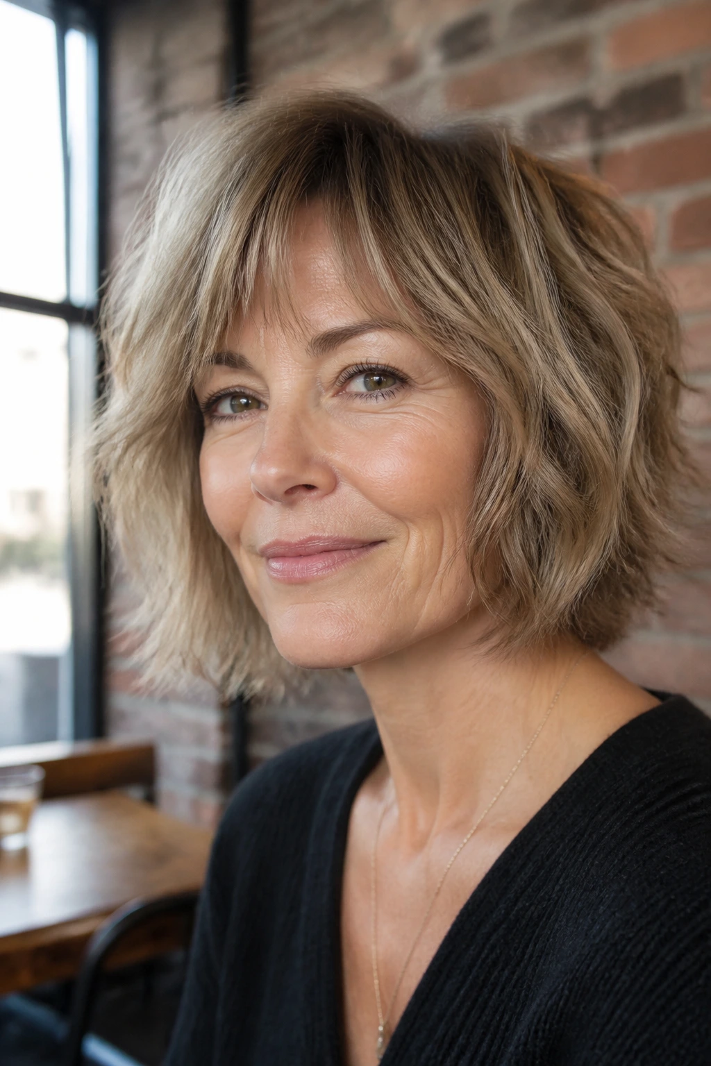 Close-up of a woman with chin-length shaggy layered hair