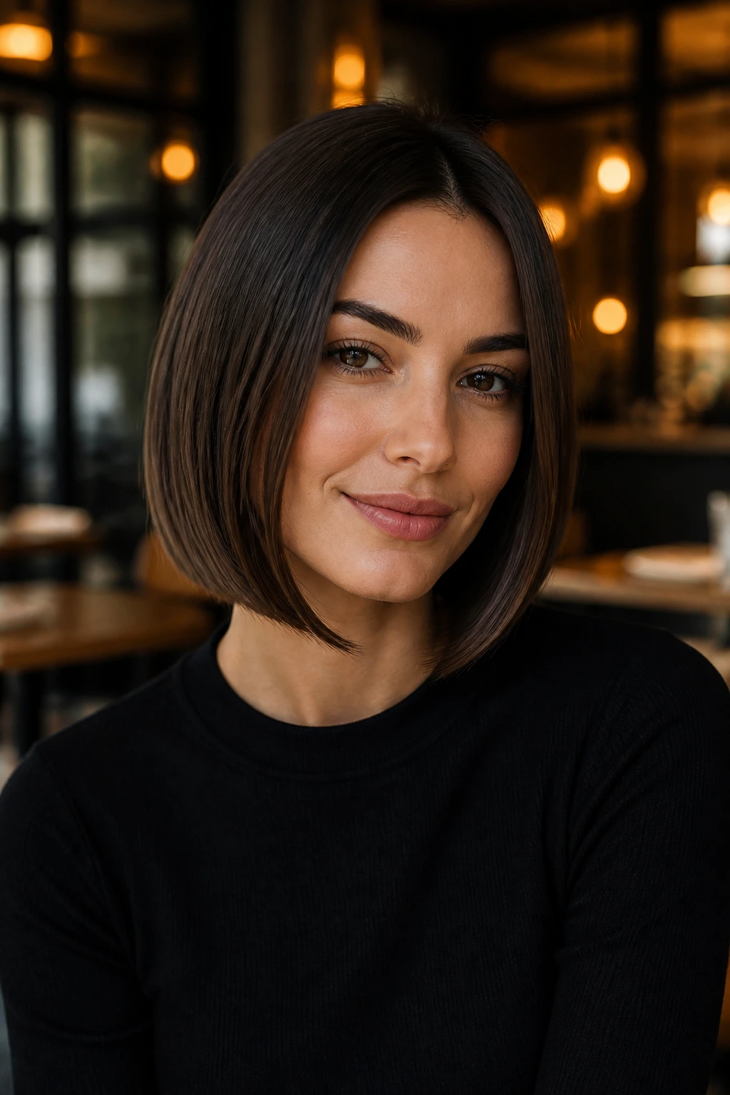 Close-up of a real woman with chin-contouring lob
