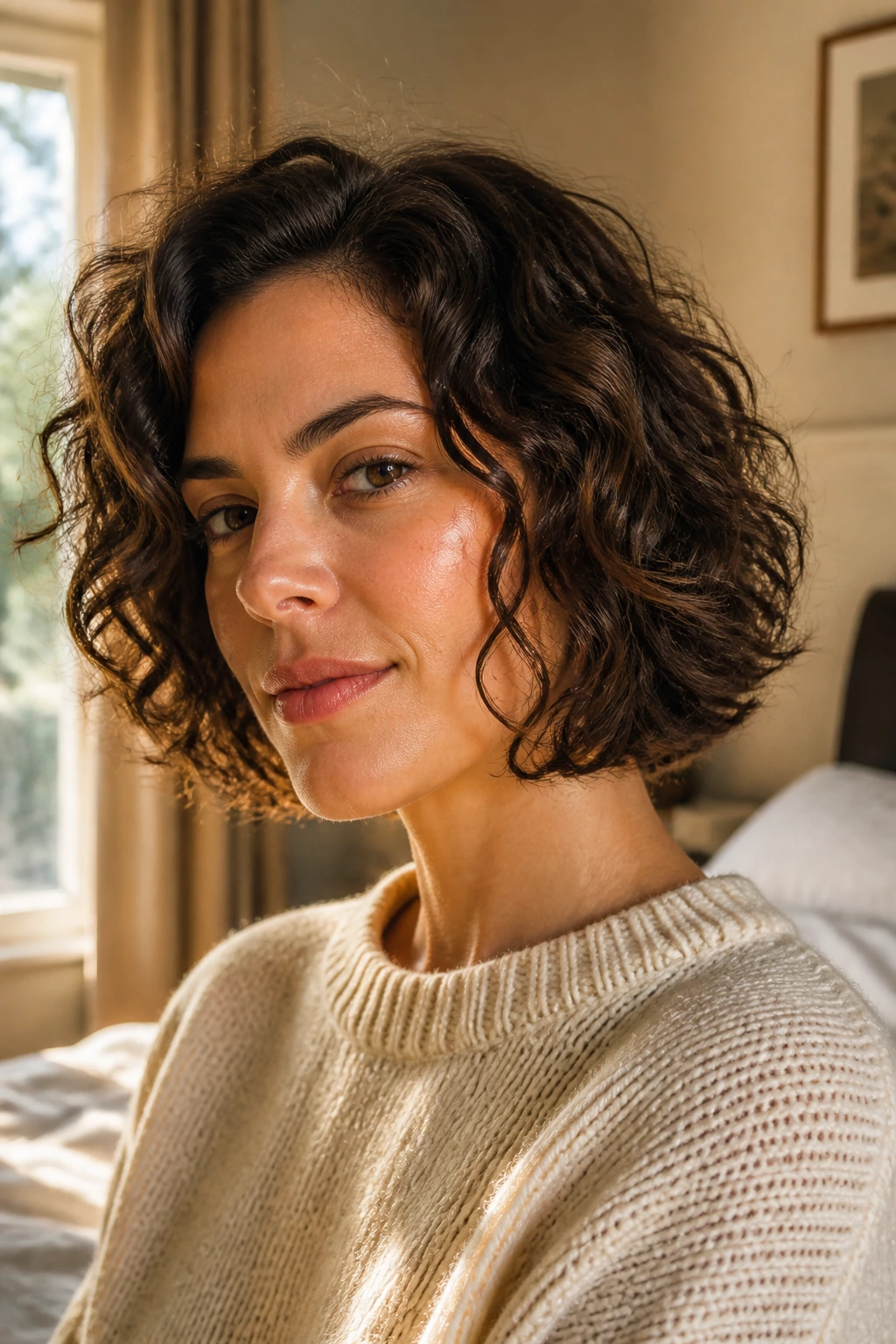 Close-up portrait of a real woman with chin-frame layered bob curling around the jawline.