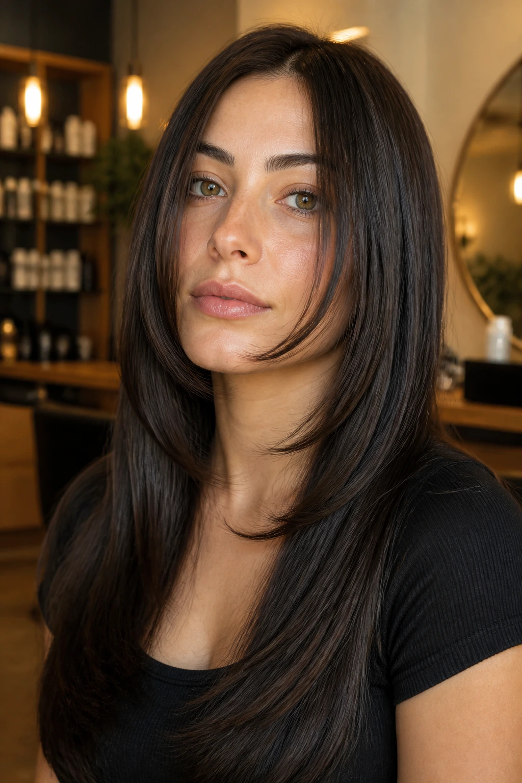 Real woman with chin-starting face-framing layers in thick straight hair