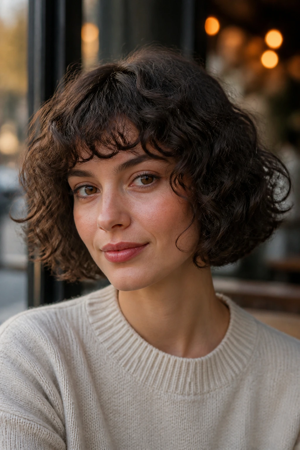 Close-up of a woman with chin-grazing curly bob and airy fringe at a cafe window