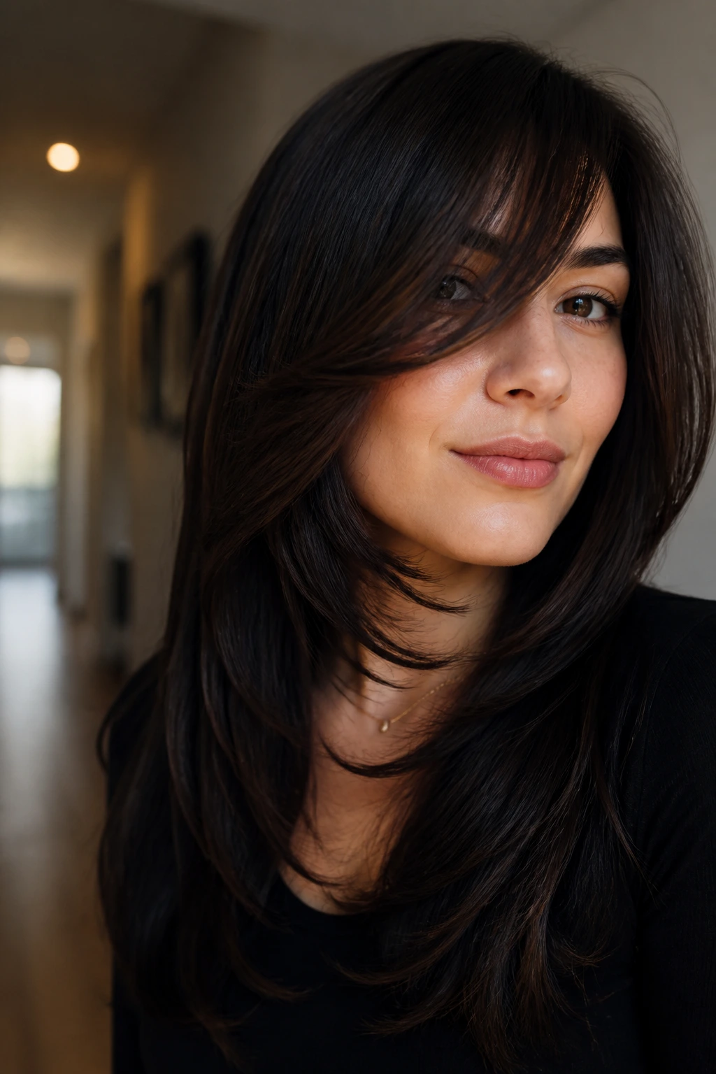 Close-up portrait of a real woman with chin-grazing side bangs stretching the jawline in a soft-lit space