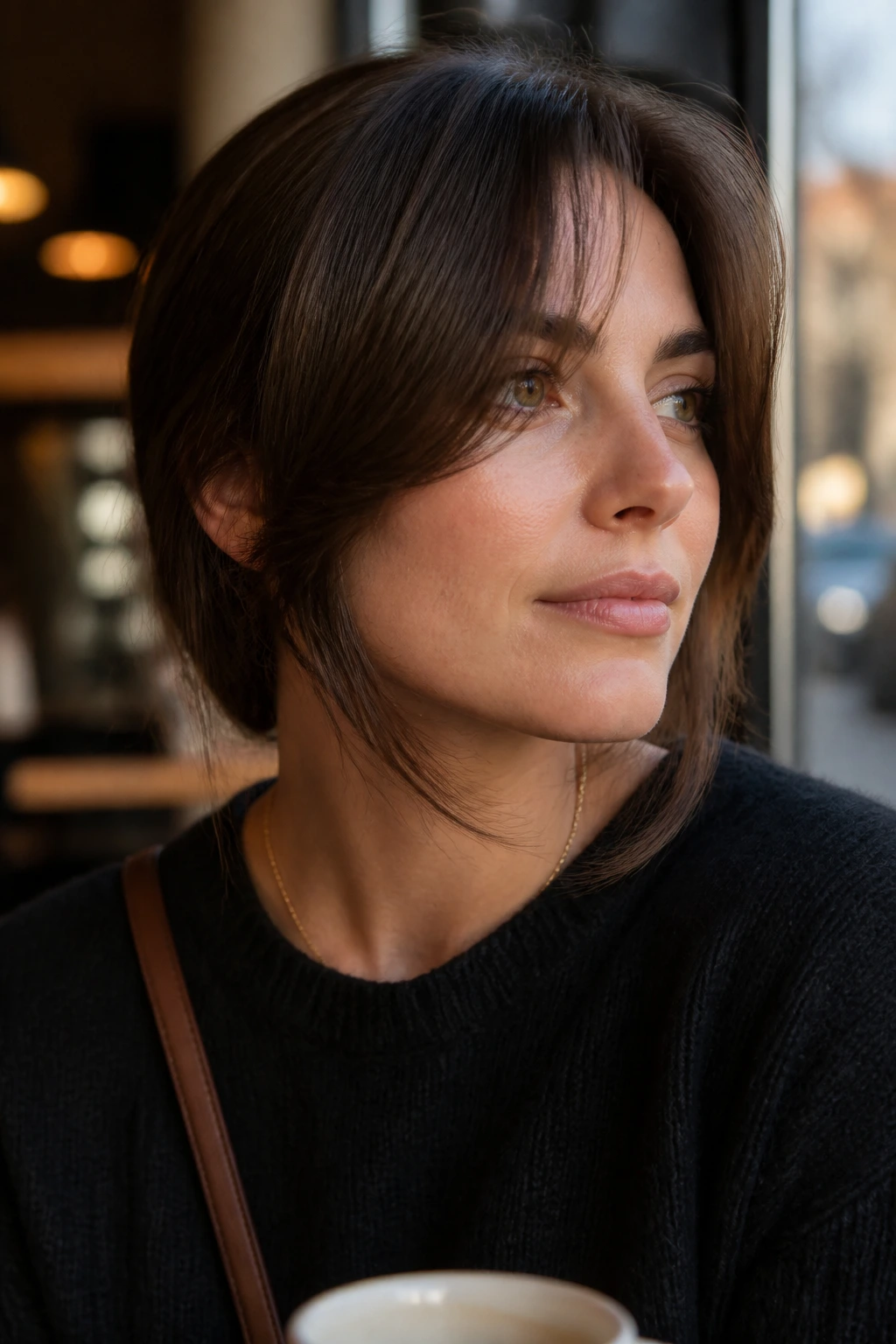 Real person with chin-grazing bangs softening the jaw in soft daylight