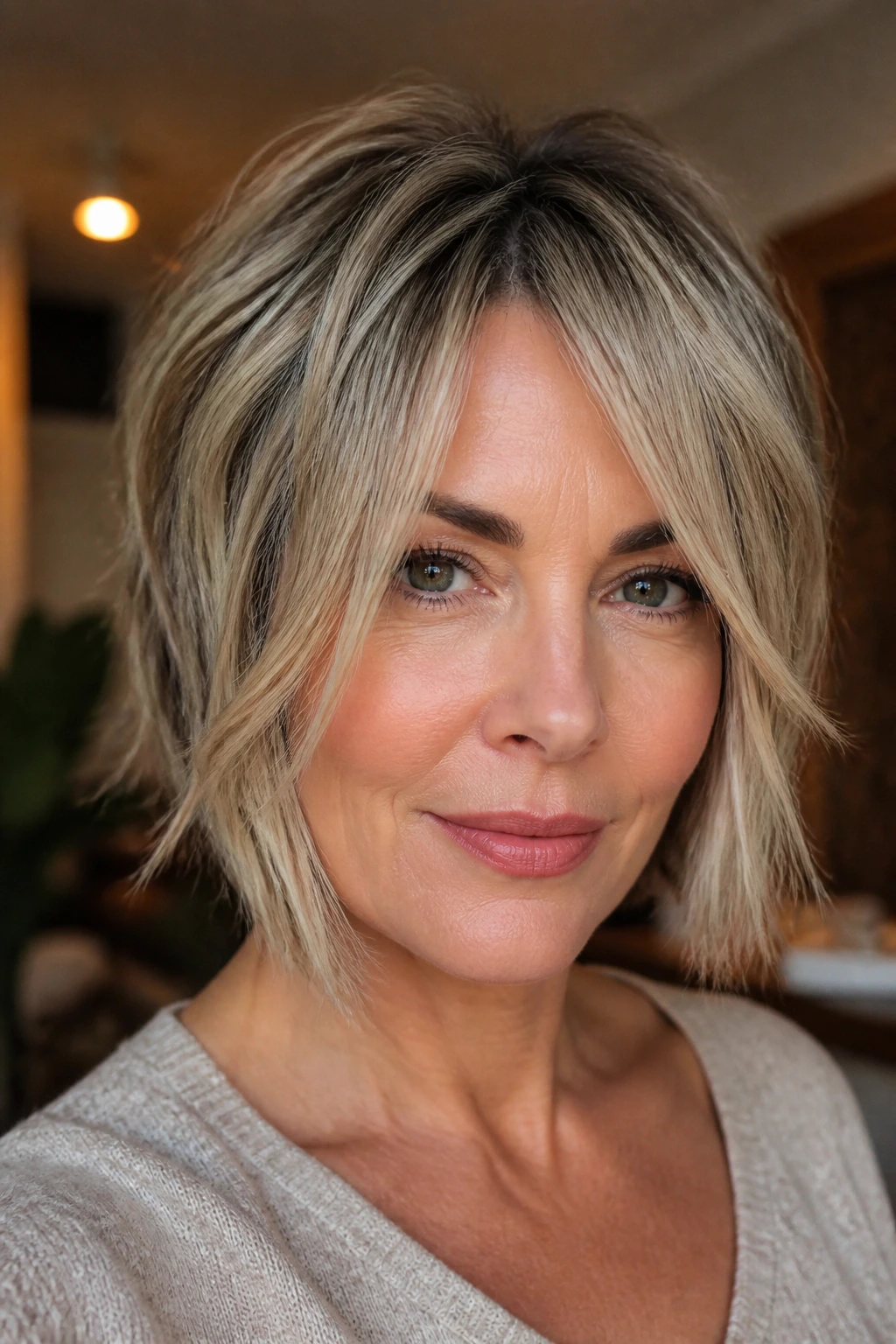 Close-up portrait of a woman with chin-grazing piecey curtain bangs framing the jawline