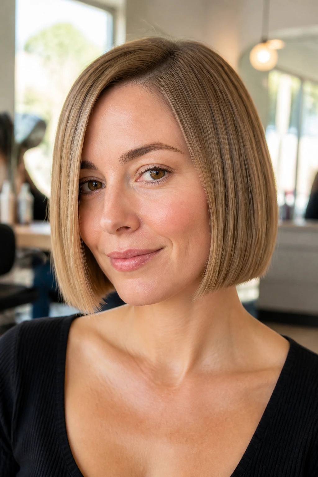 Chin-length blunt bob on real woman with off-center part in bright salon light