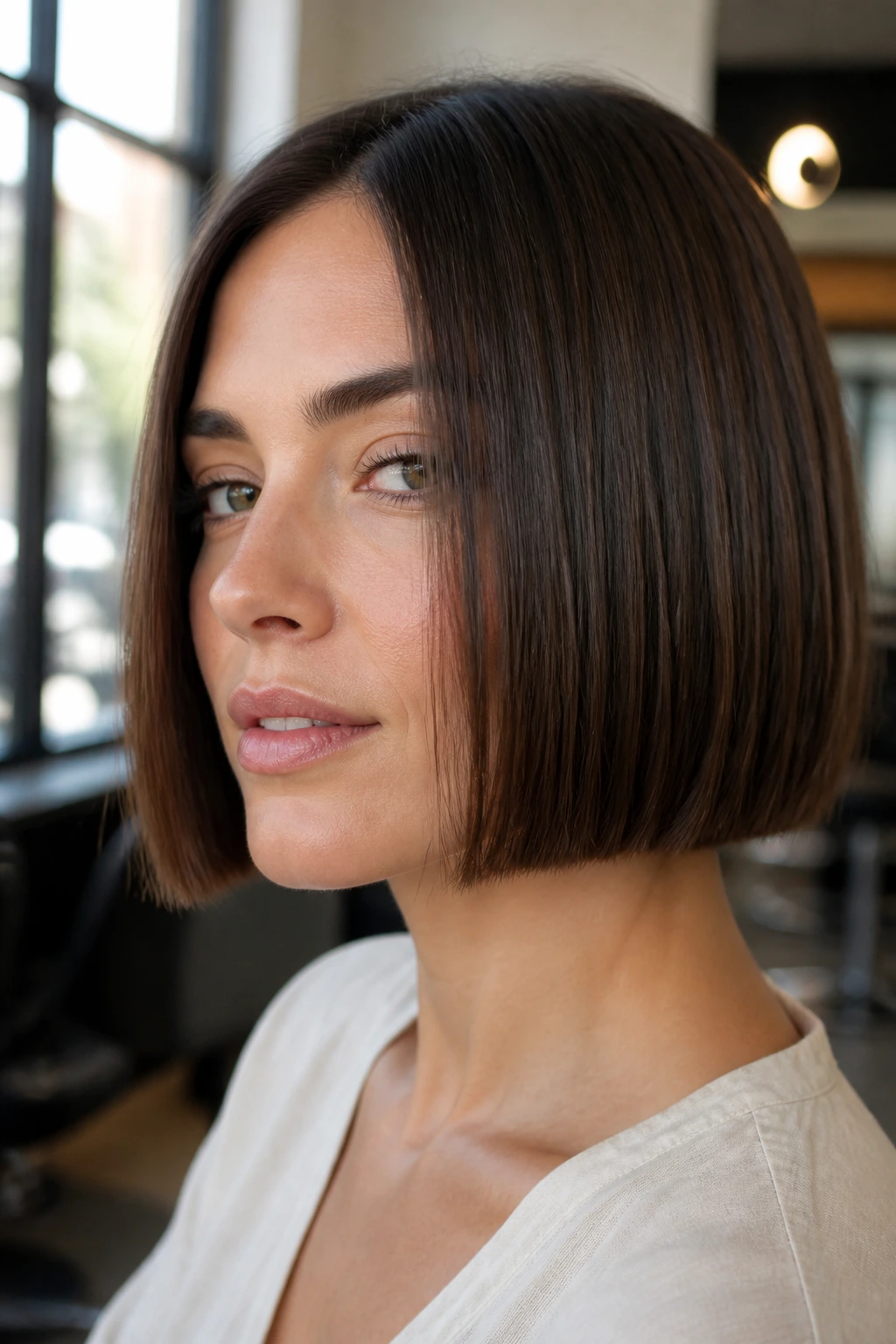 Close-up of chin-length blunt bob with crisp edge on a real woman in salon light