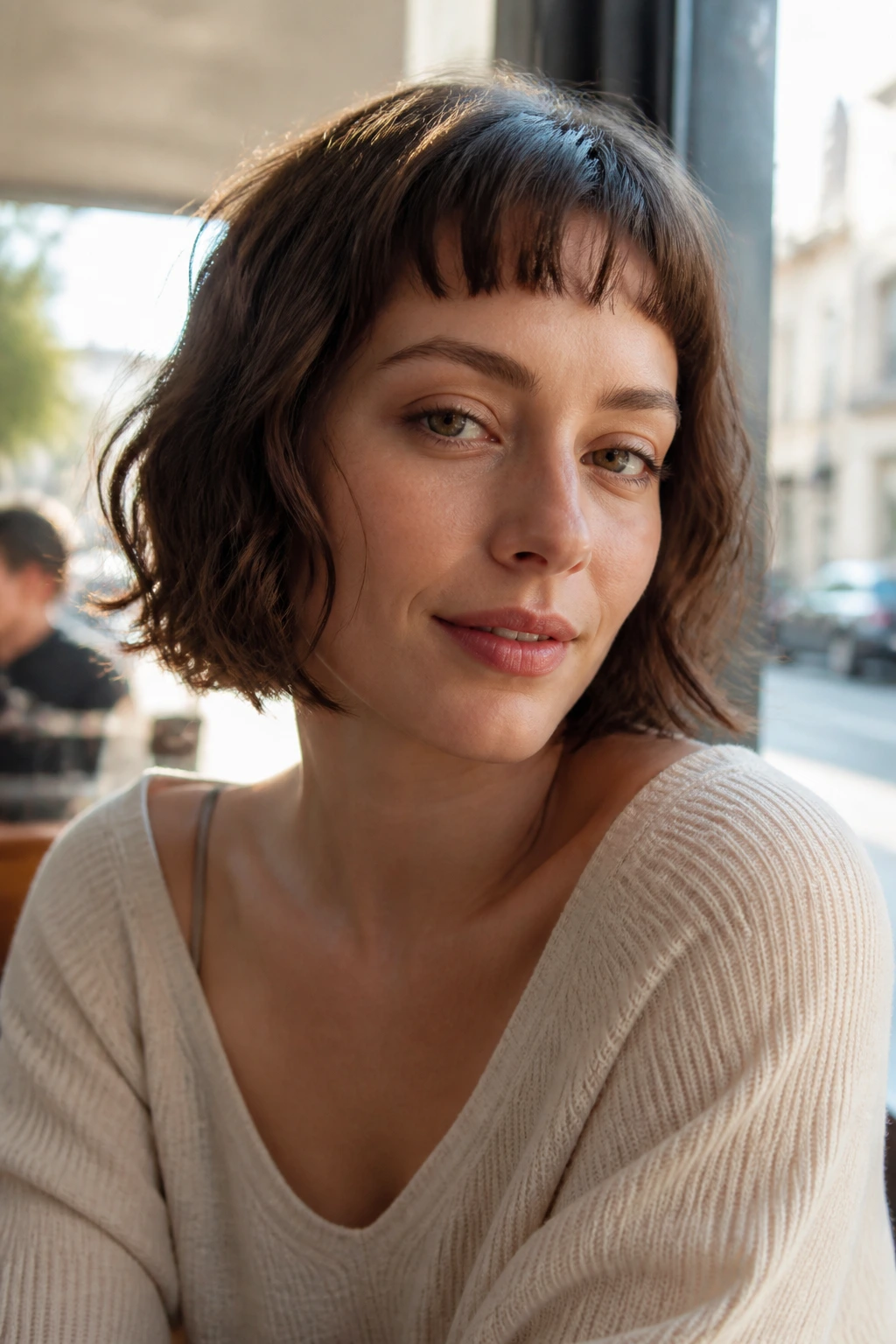 Close-up of real woman with chin-length bob and airy micro fringe by cafe window