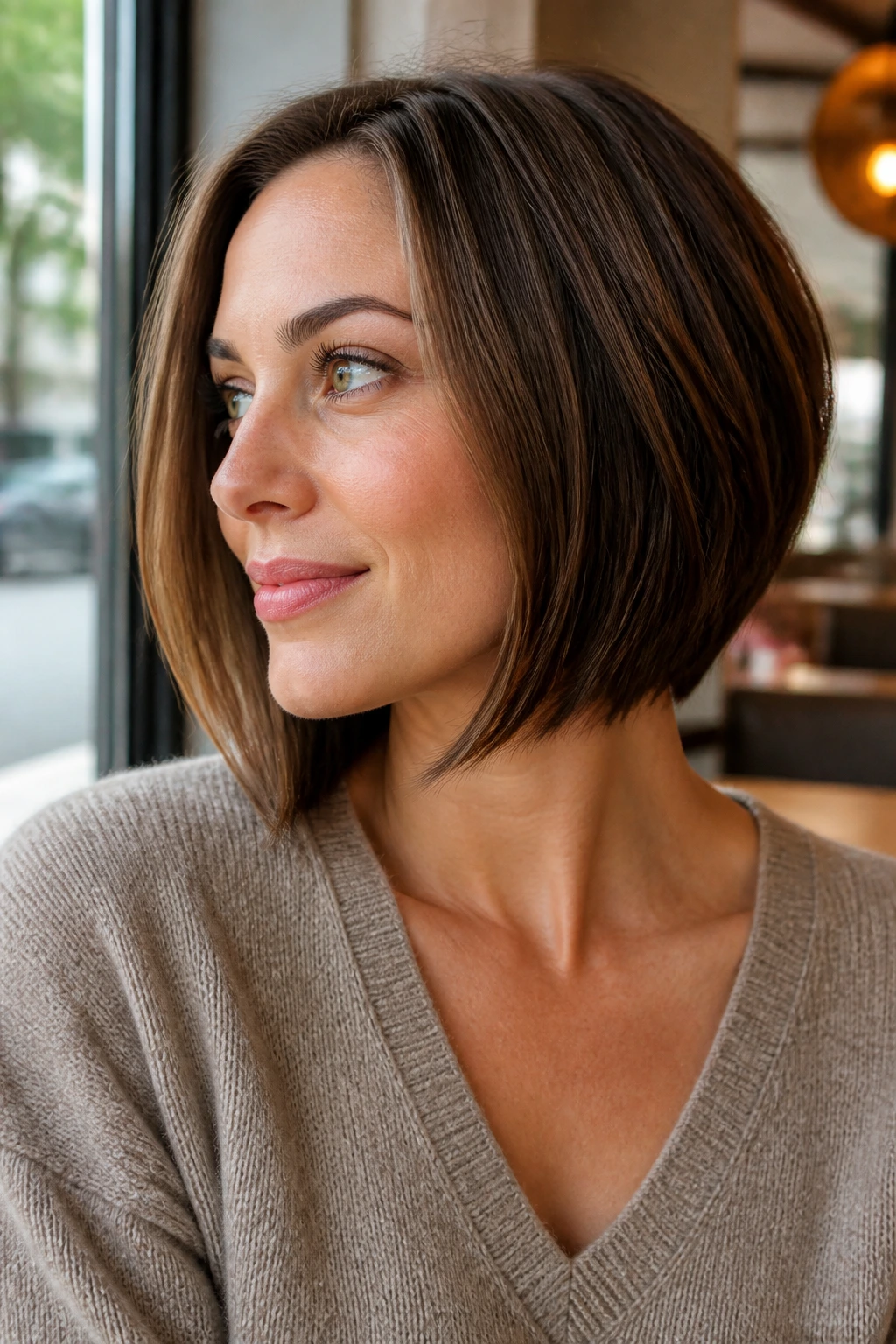 Portrait of a real woman with chin-grazing angled bob showing diagonal line