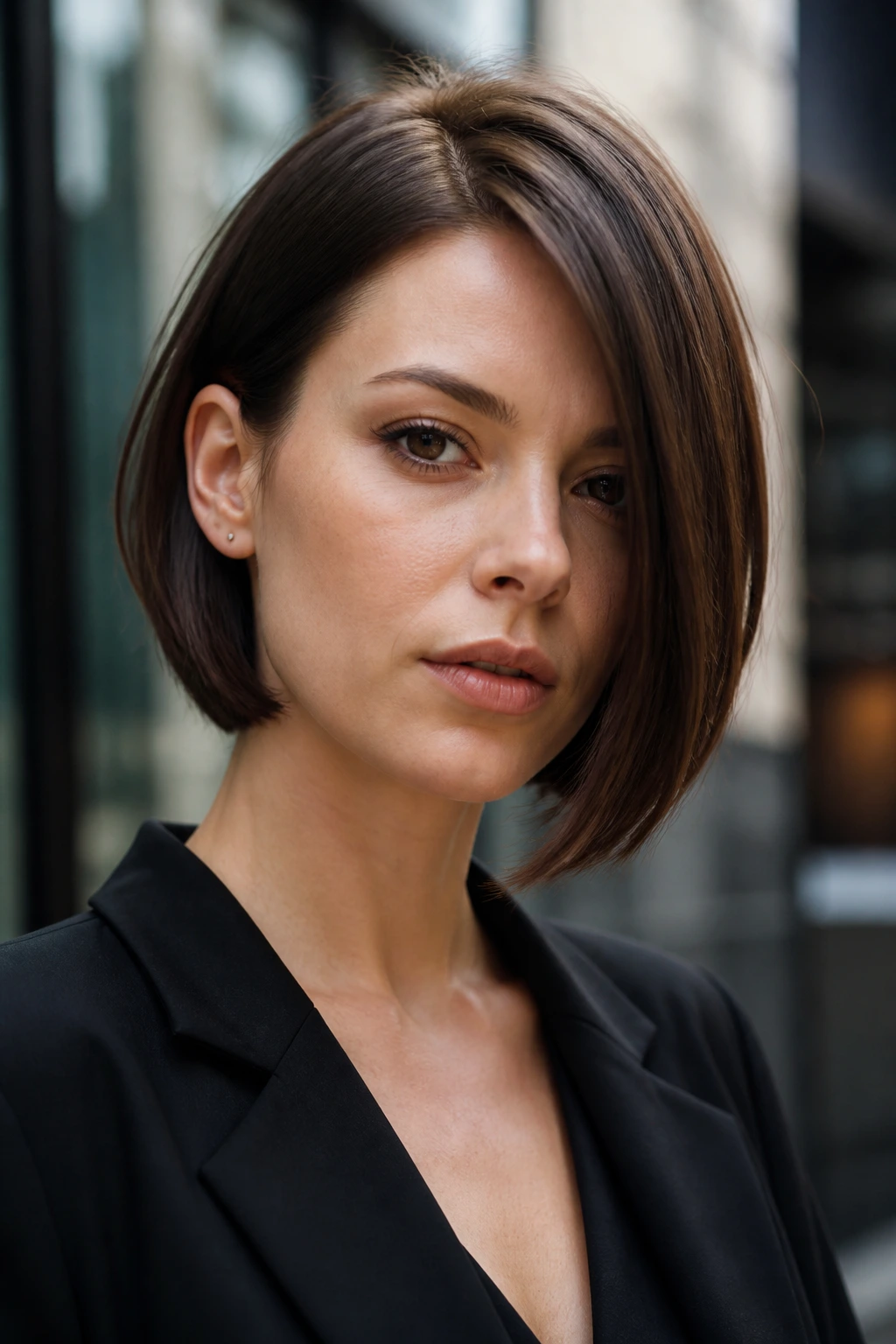 Real woman with chin-grazing asymmetrical bob showing uneven front corners