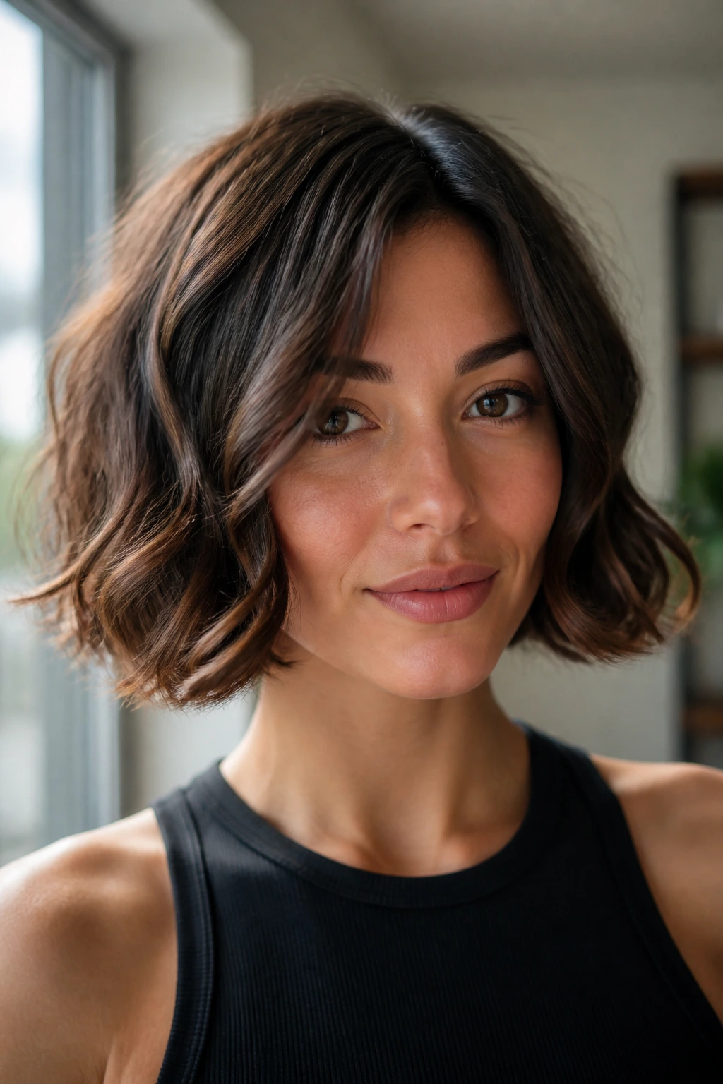 Close-up of a real woman with a chin-length bob with bendy ends in soft daylight