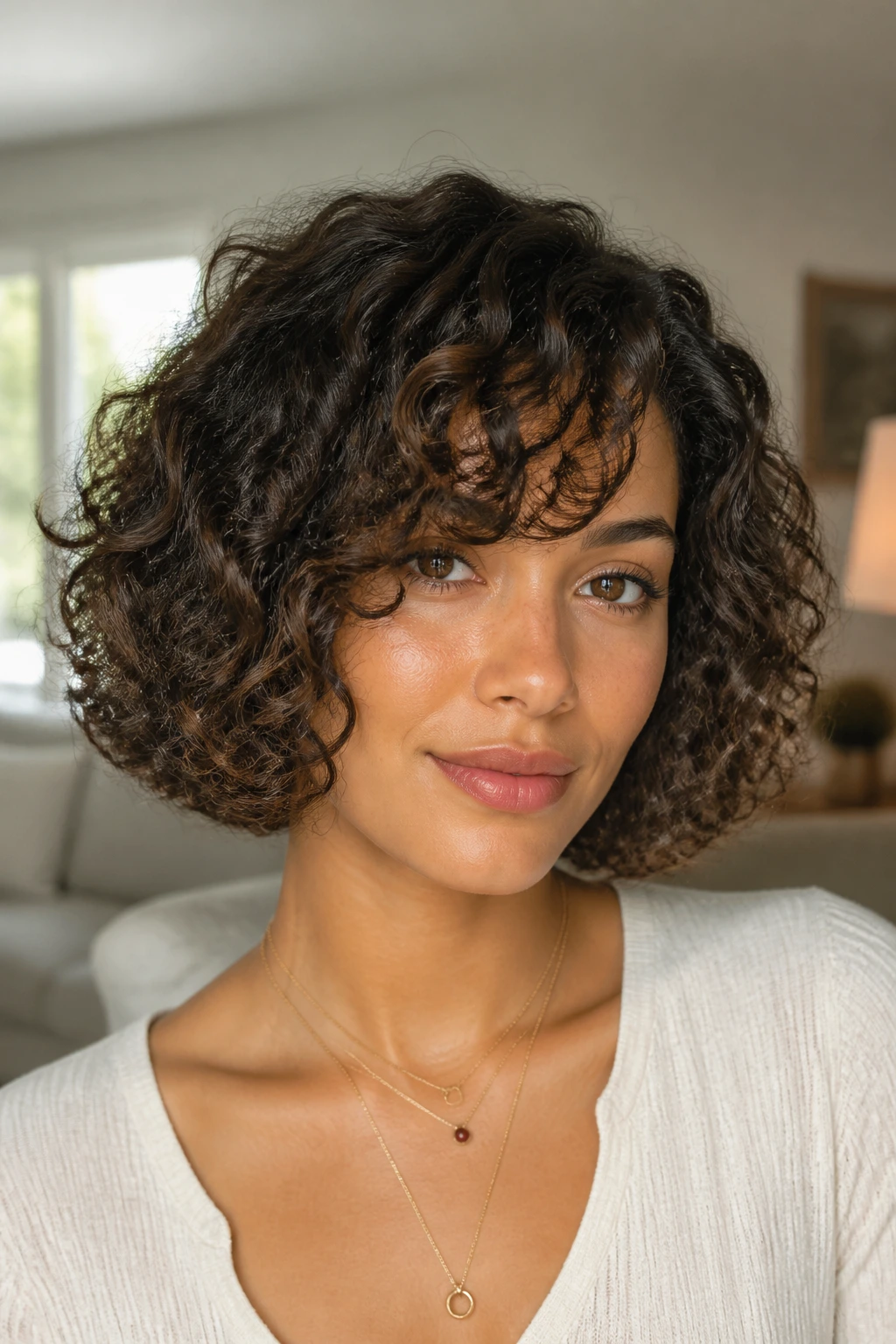 Close-up of a real woman with chin-length curly bob and side-swept bangs.