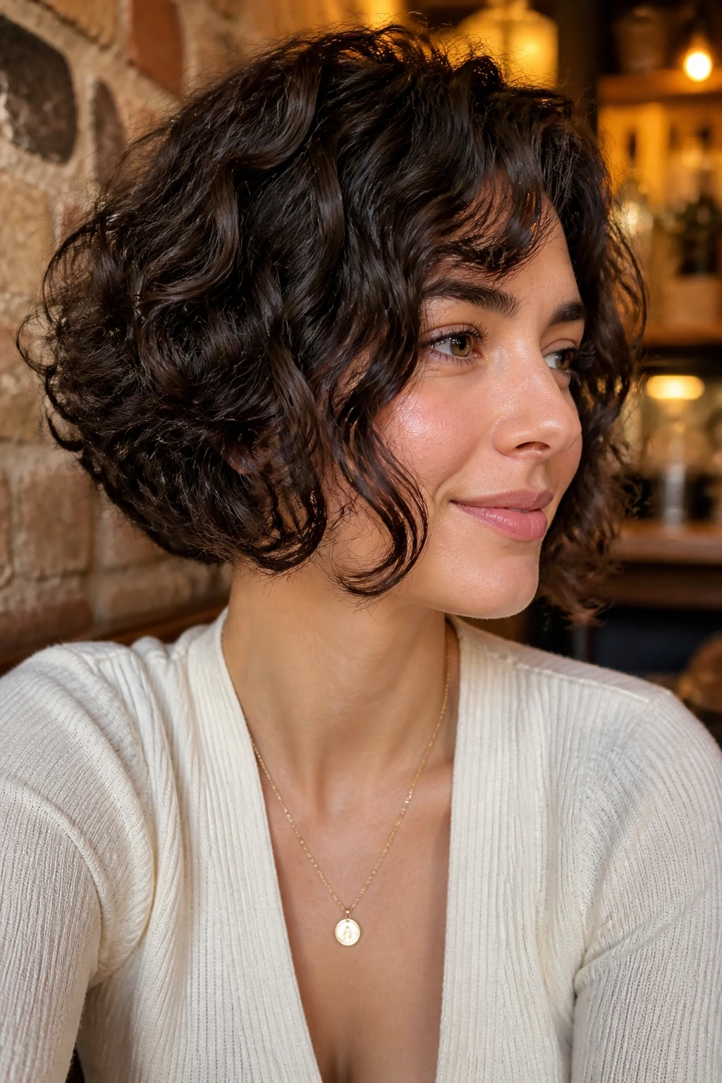 Portrait of a real woman with chin-grazing face-frame curly bob.