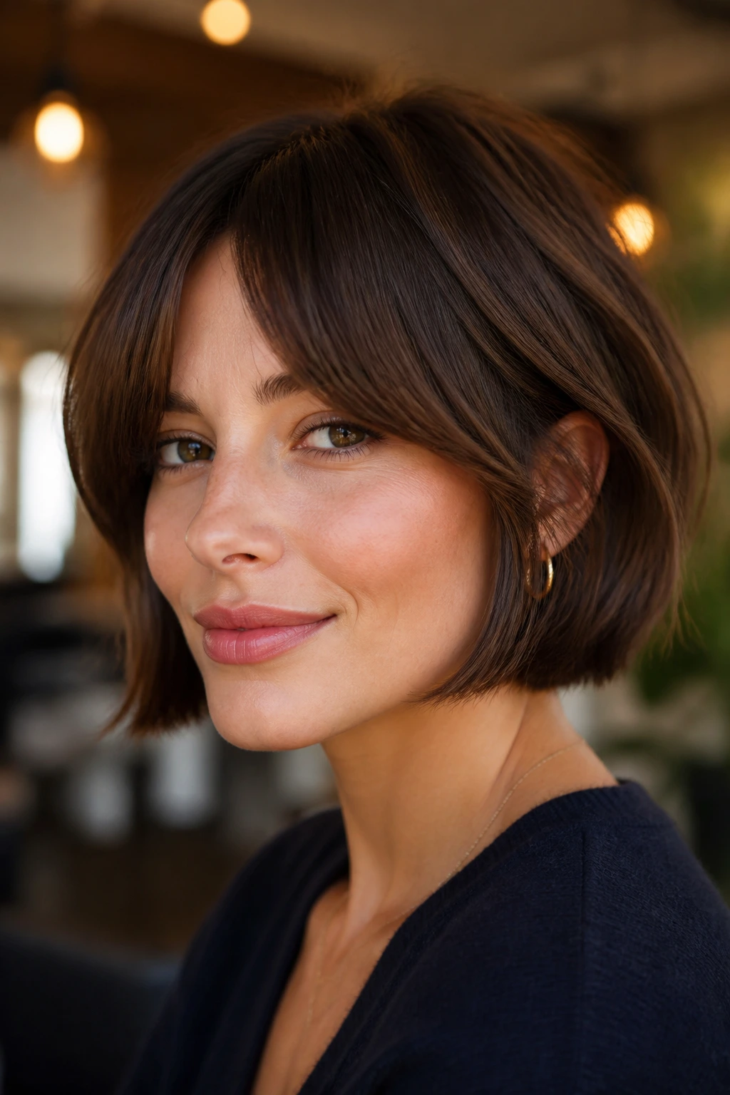 Portrait of a person with chin-grazing French bob and soft curtain bangs.