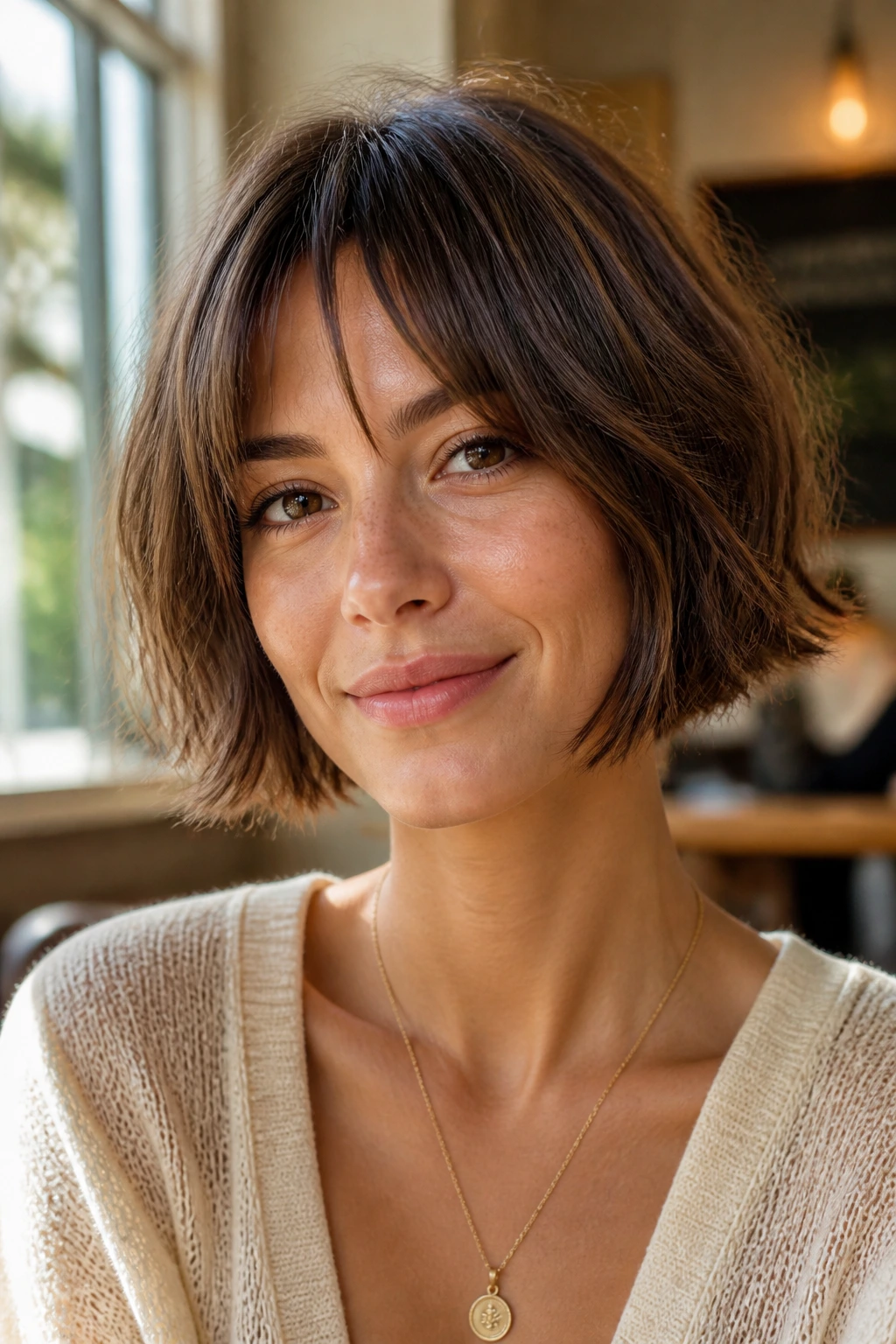 Real woman with chin-length choppy bob and feathered ends in warm window light.