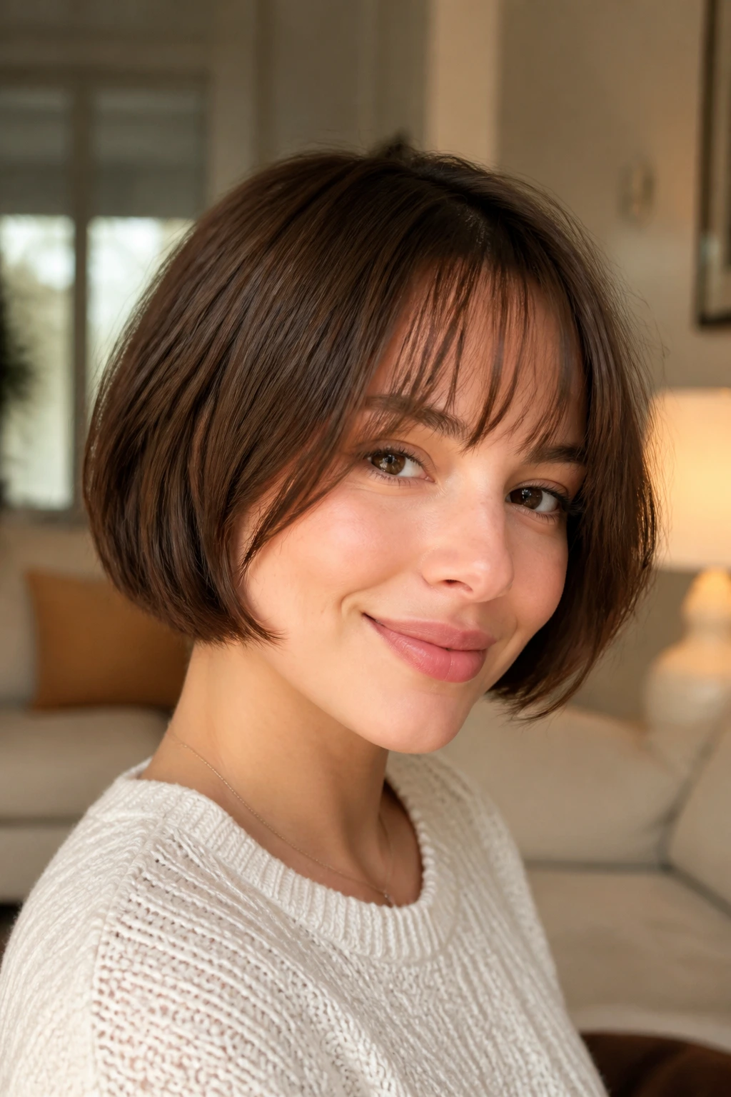 Close-up of a real person with a chin-length bob and airy fringe