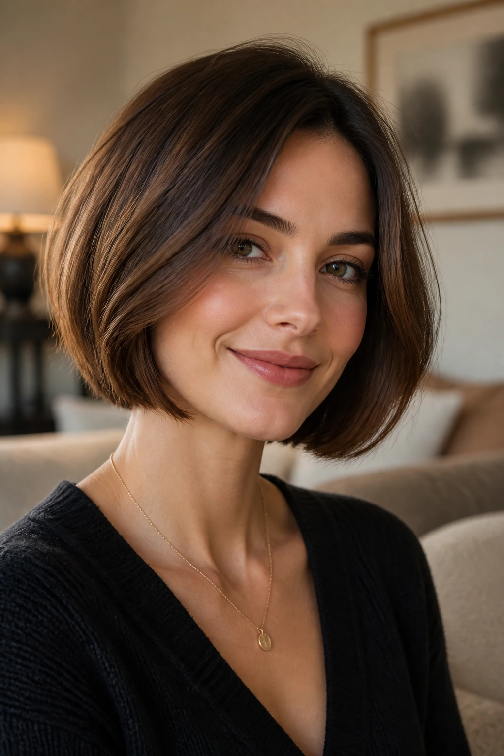 Close-up portrait of a real woman with a chin-length bob and soft ends