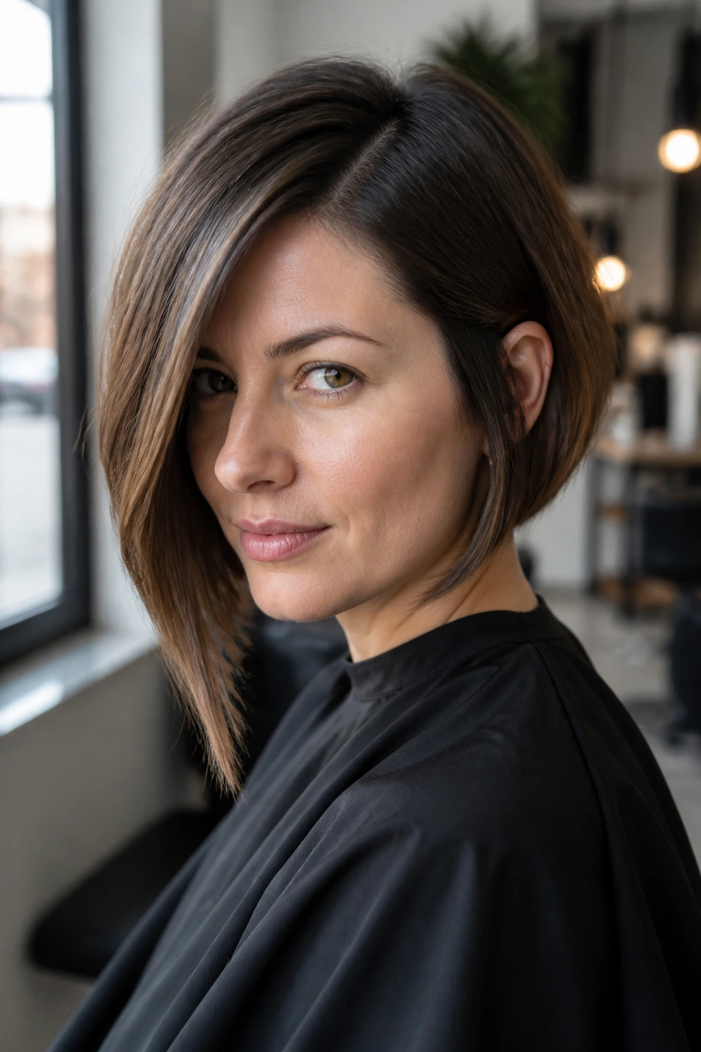 Portrait of woman with chin-grazing side-swept asymmetrical bob
