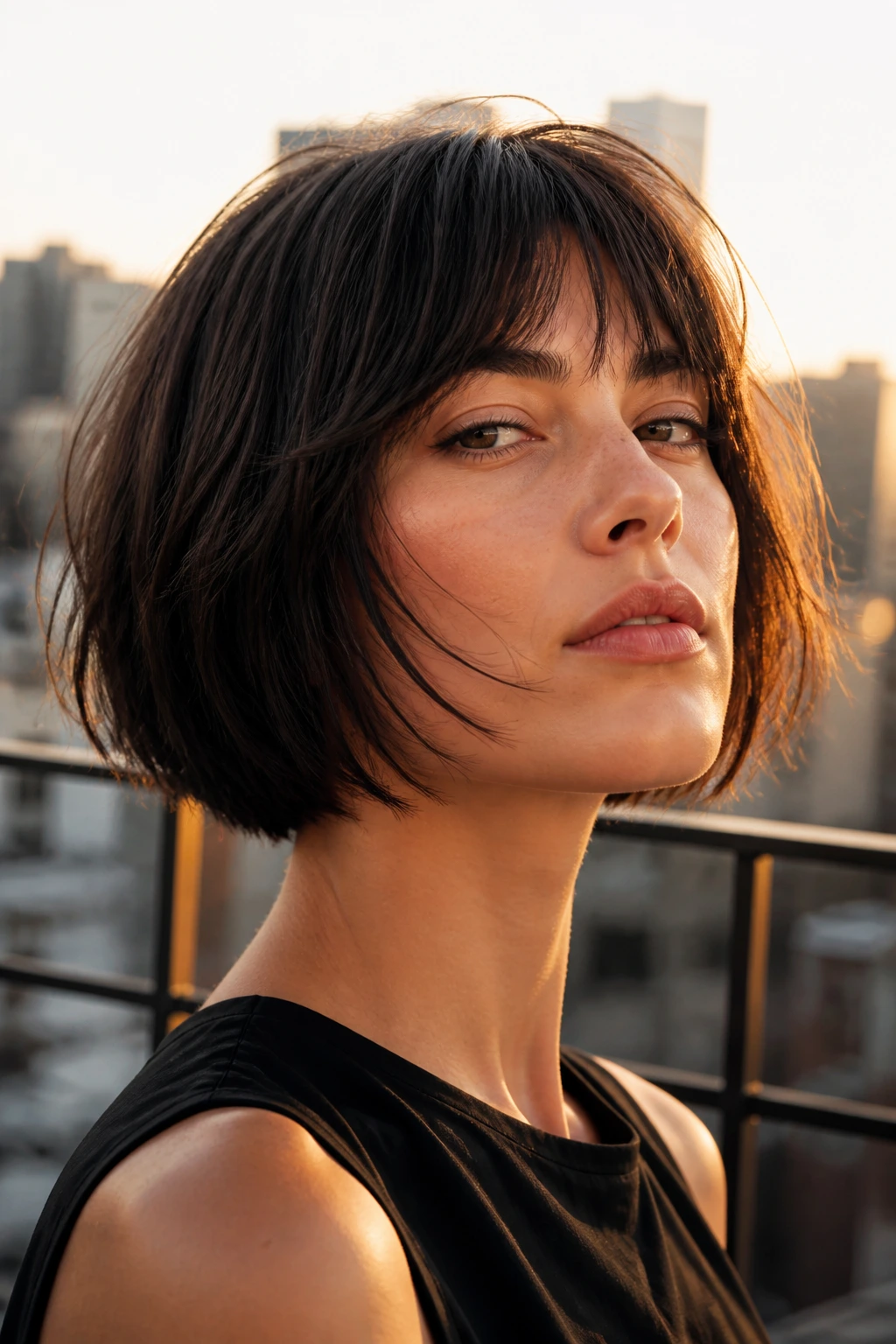 Close-up of real woman with chin-grazing shattered bob.
