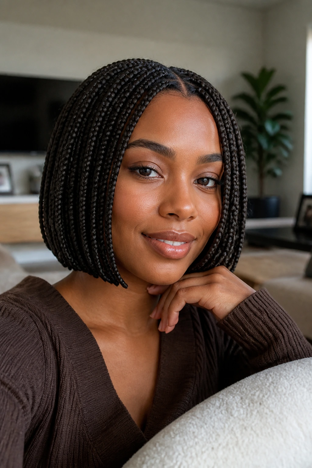 Real woman with chin-length box braids, even ends and face framing.
