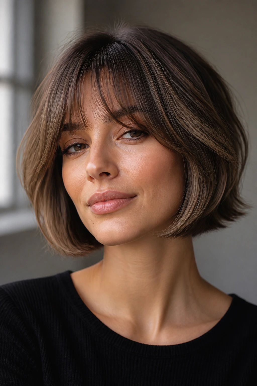 Portrait of a woman with a chin-grazing butterfly bob and wispy bangs.
