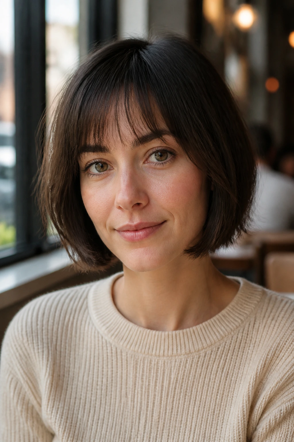 Close-up portrait of a real woman with a chin-grazing crop and barely-there bangs.