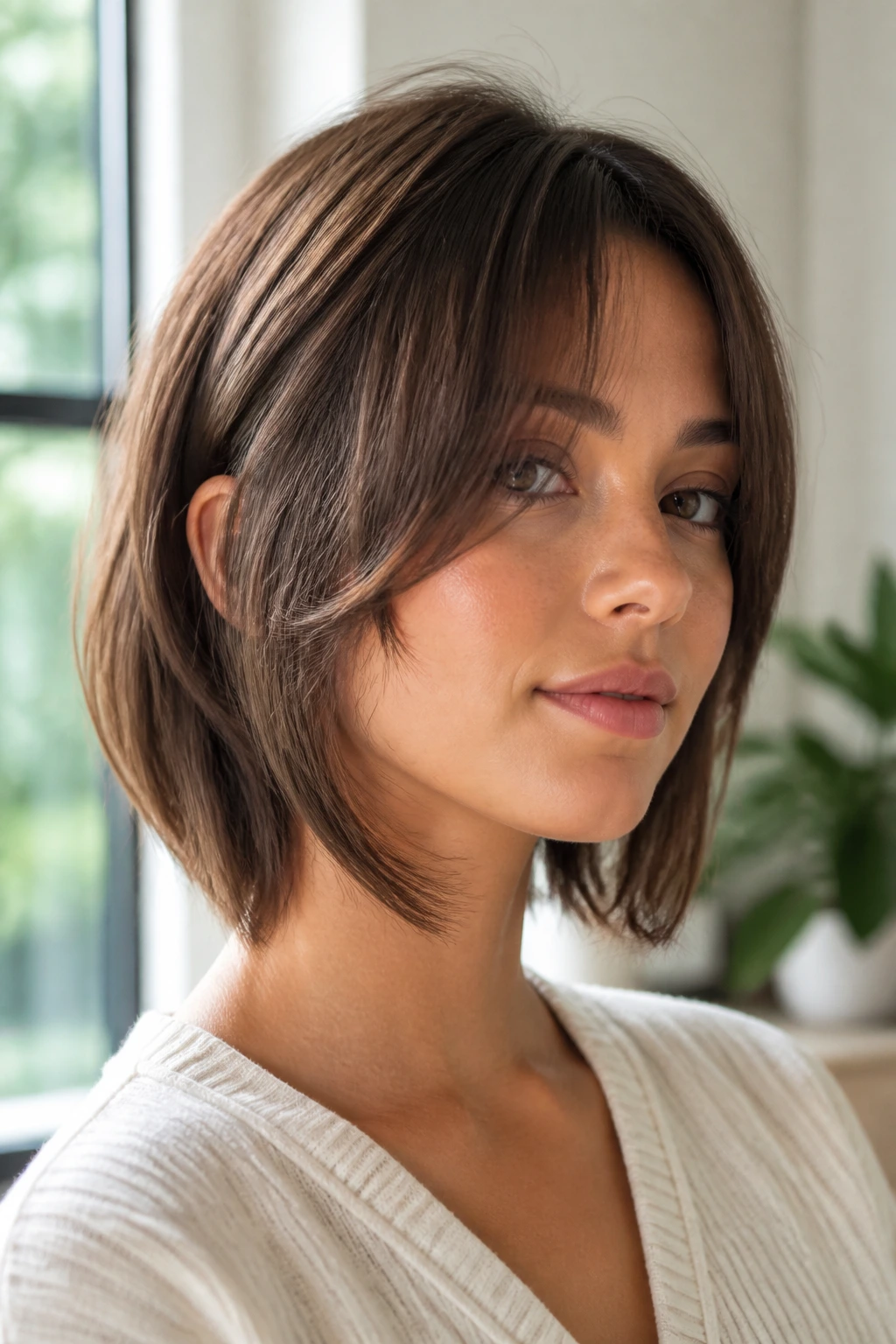 Close-up of real woman with chin-grazing curtain bangs