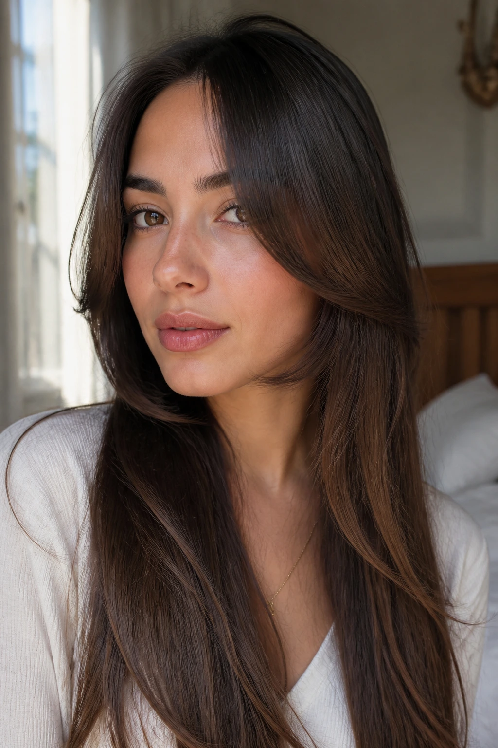 Close-up portrait of chin-grazing curtain ends on a real woman with fringe grazing the chin in soft window light