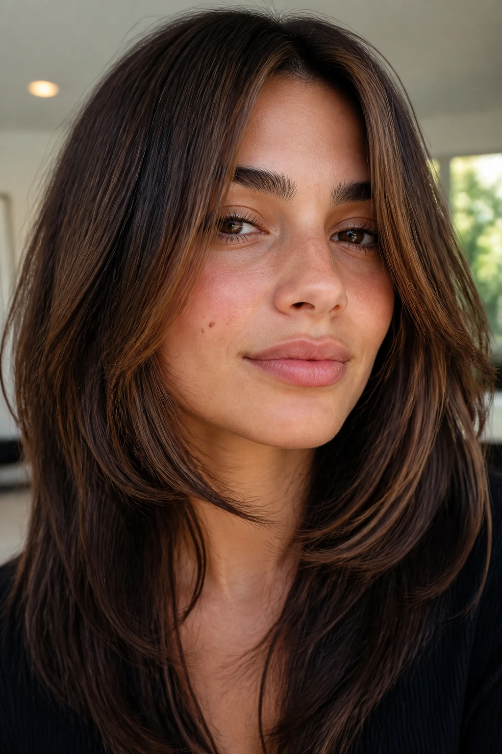 Close-up of a woman with chin-grazing face-framing layers