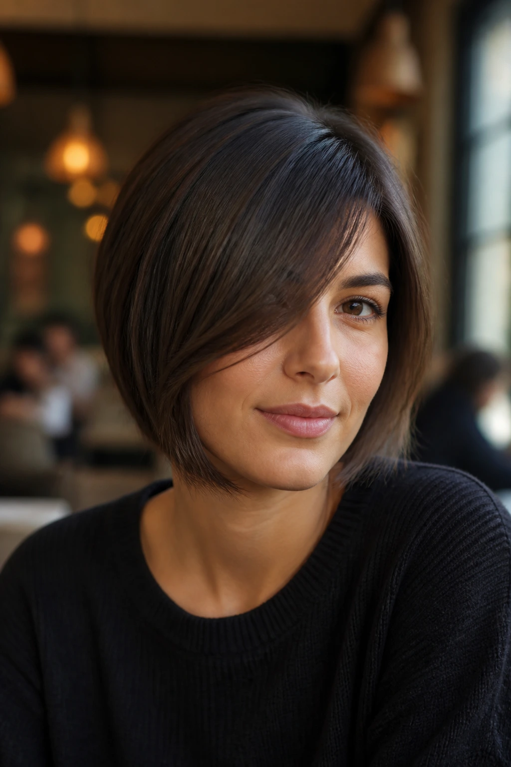 Real woman with chin-grazing sweep fringe in a cozy cafe.