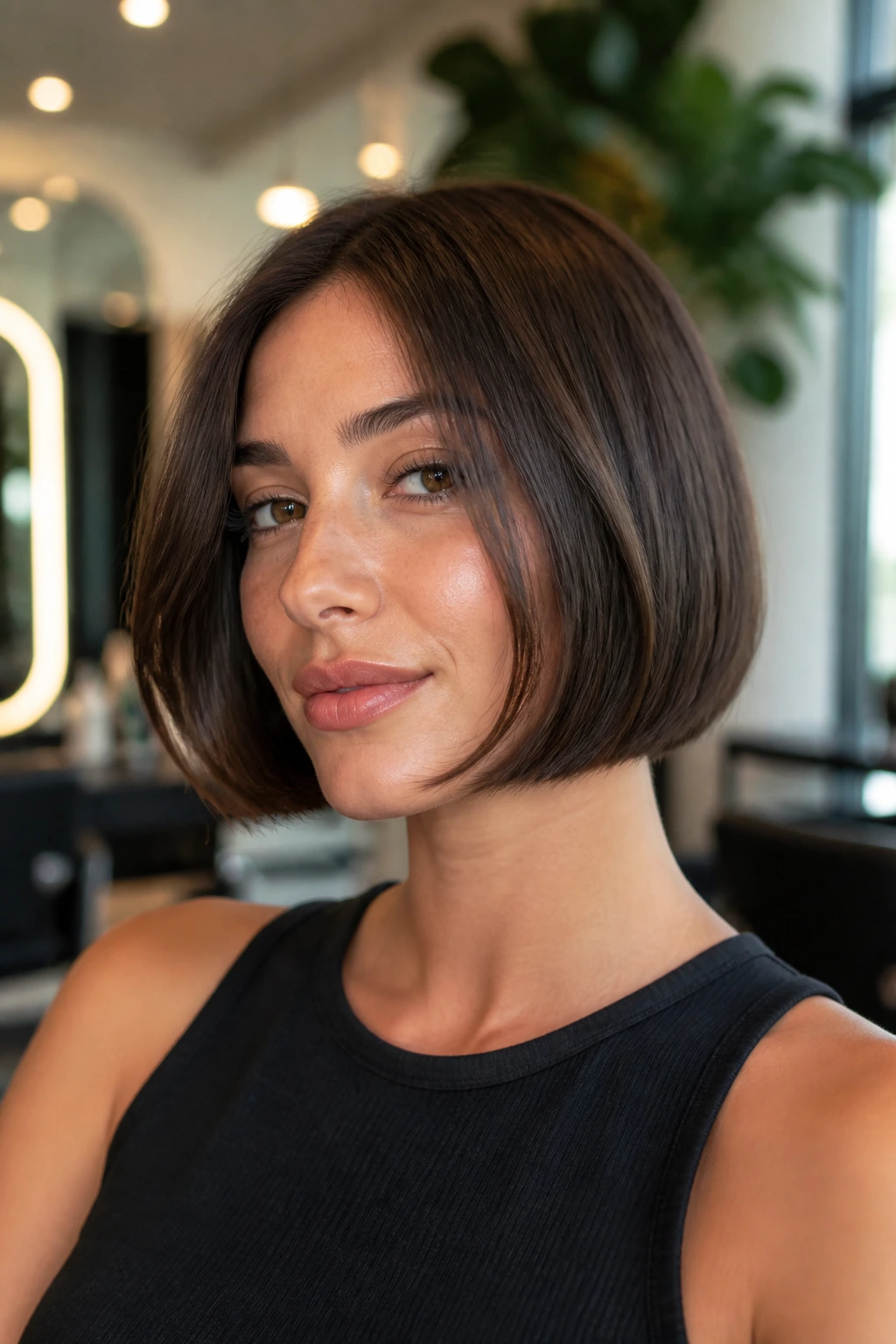 Close-up of a real woman with a chin-grazing Italian bob; front at chin level with inward curl.