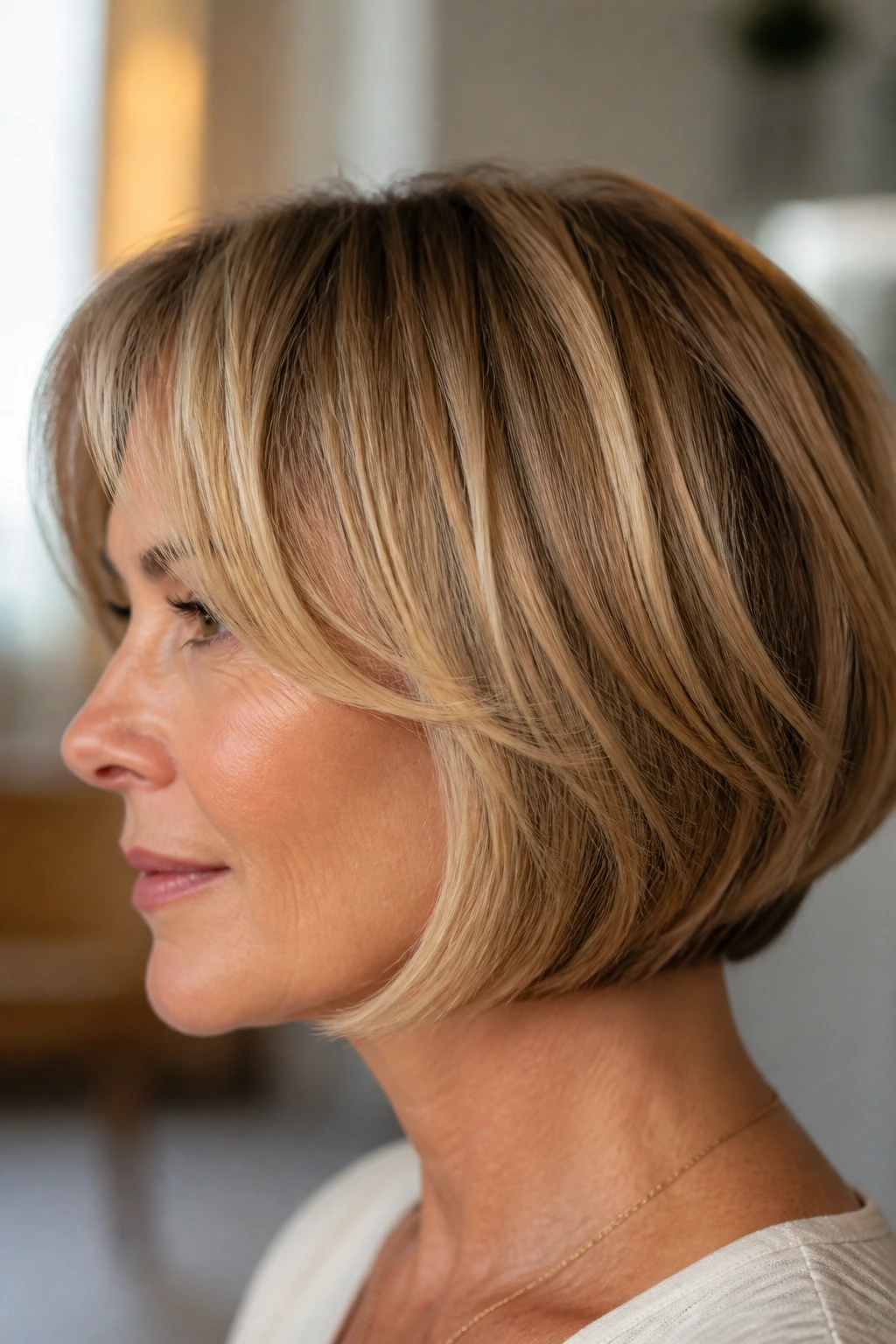 Profile view of chin-grazing layered bob with soft ends