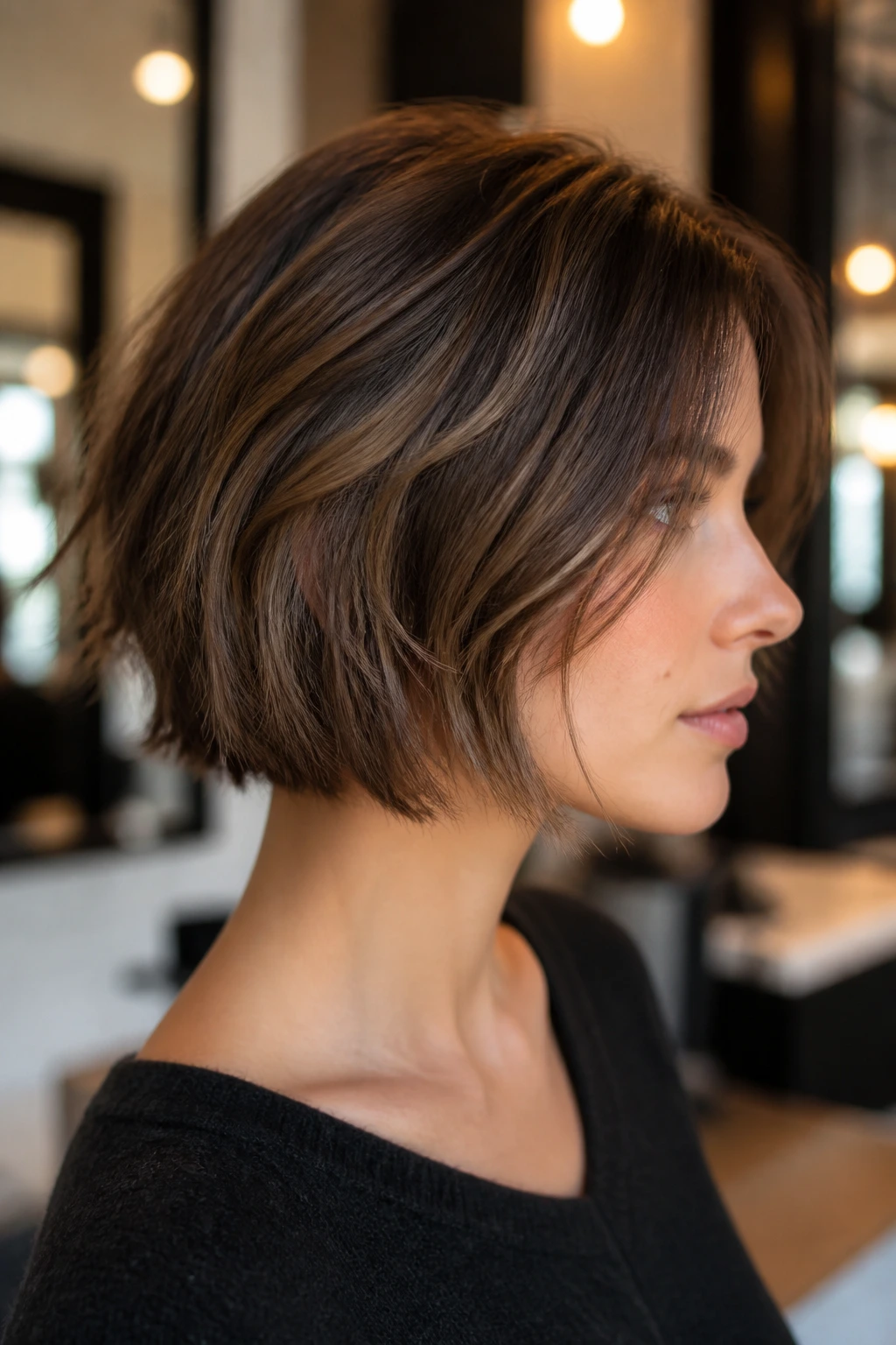 Profile portrait of chin-grazing choppy layered bob in a chic salon.