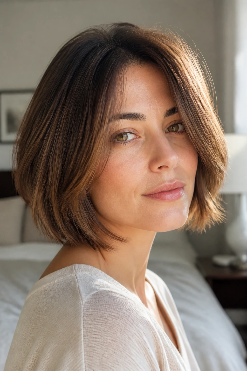 Close-up of a woman wearing a chin-grazing layered bob with soft interior layers