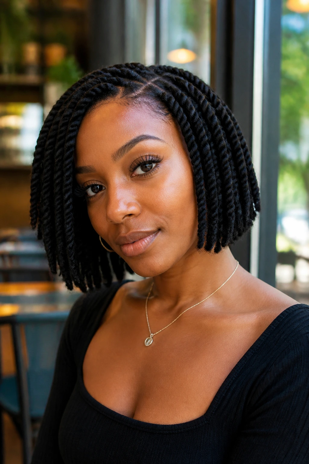 Real woman with chin-length Marley twist bob, close-up portrait