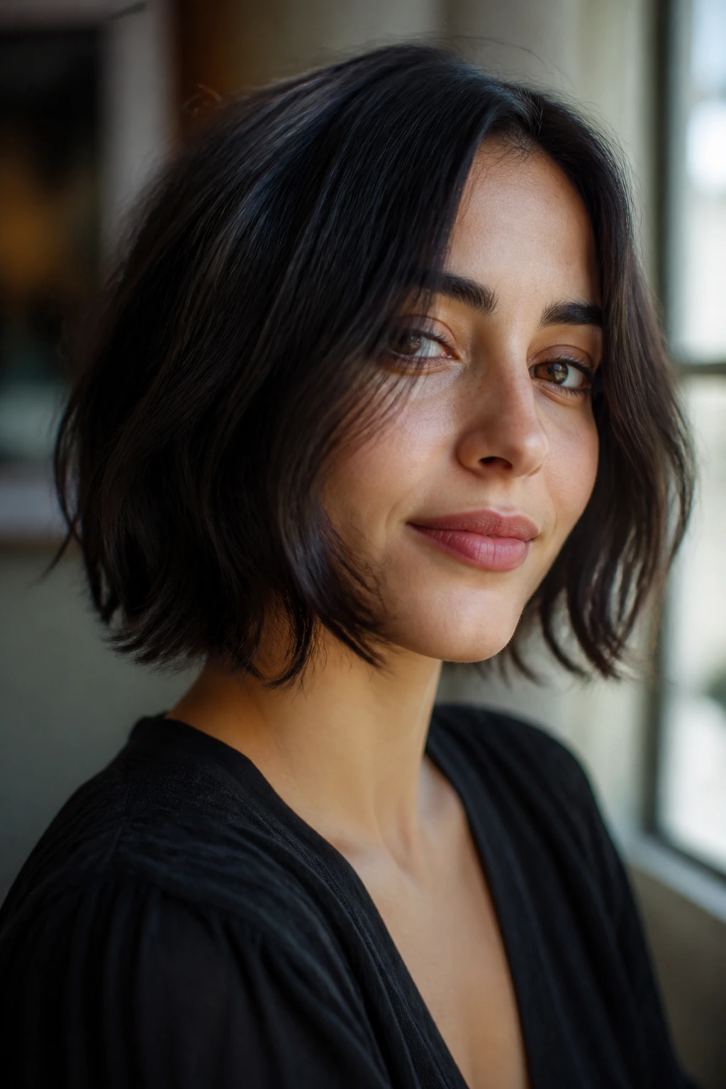 Close-up of chin-grazing midi layered hair on a real woman.