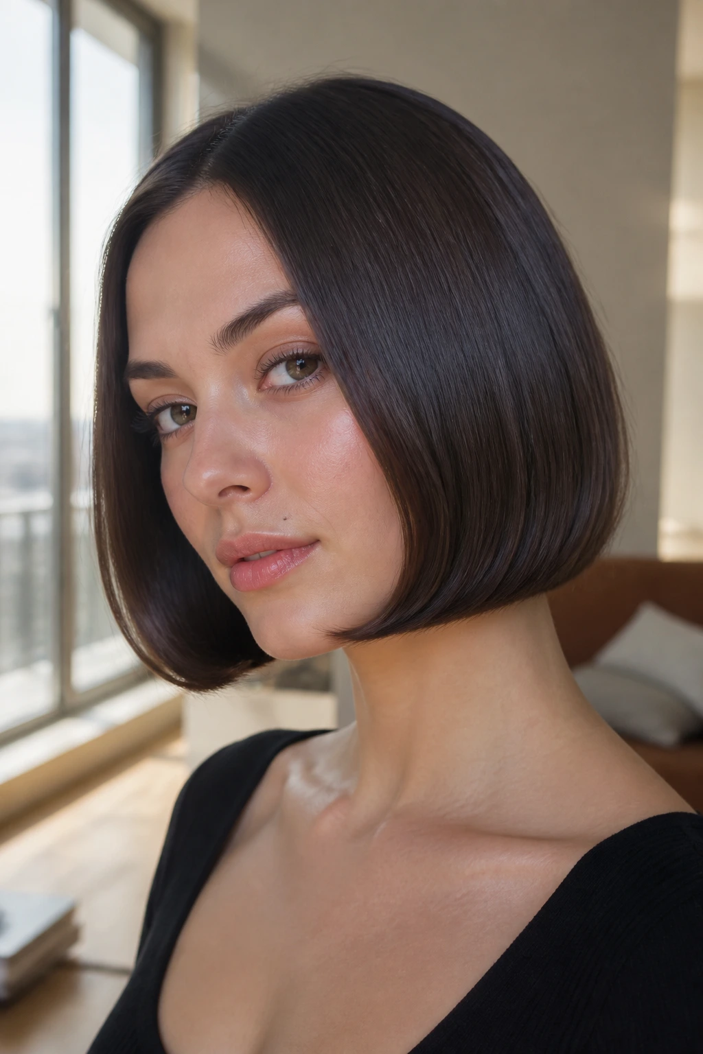 Portrait of a real woman with a chin-length sleek pageboy