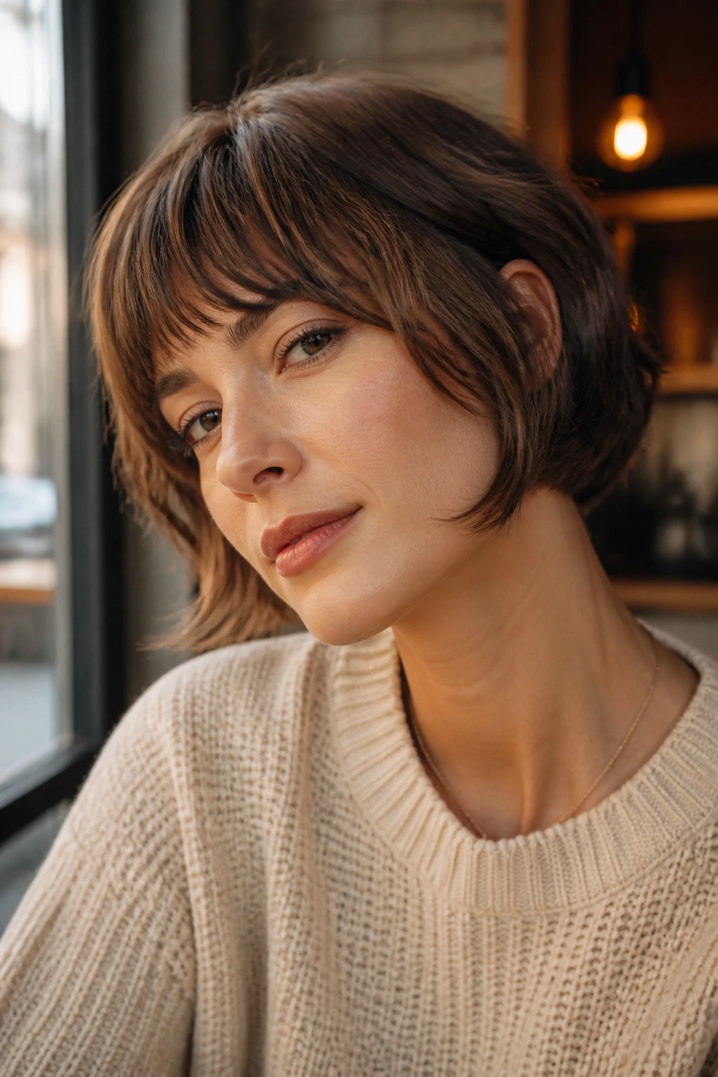 Portrait of a real woman with chin-grazing pixie bob showing movement near jaw.