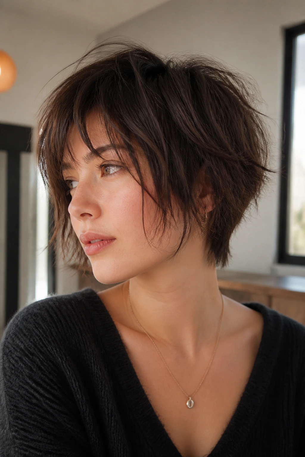 Portrait of a person with chin-grazing pixie shag haircut