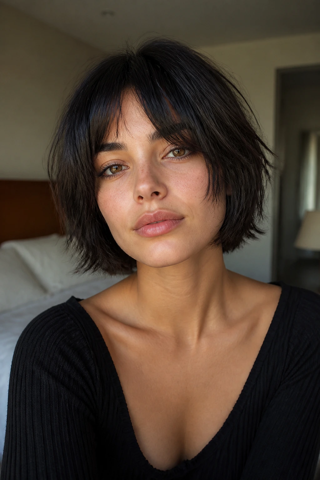 Close-up of a real woman with a chin-grazing shag bob in a softly lit bedroom