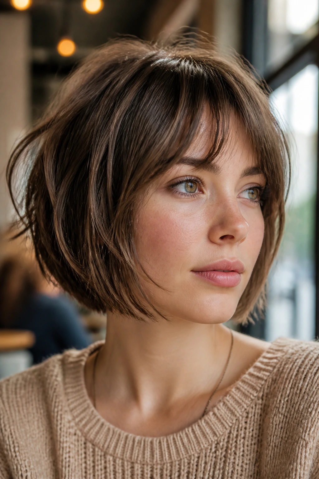 Portrait of a woman with chin-grazing shag bob in cafe lighting