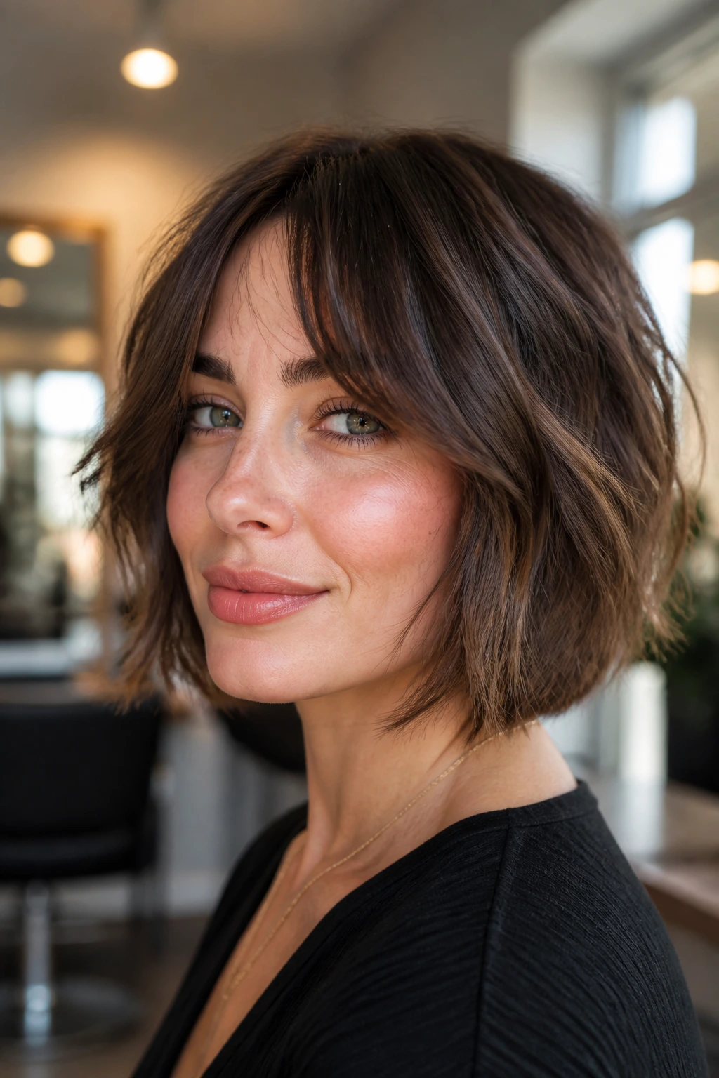 Real woman with chin-grazing shag and curtain bangs portrait