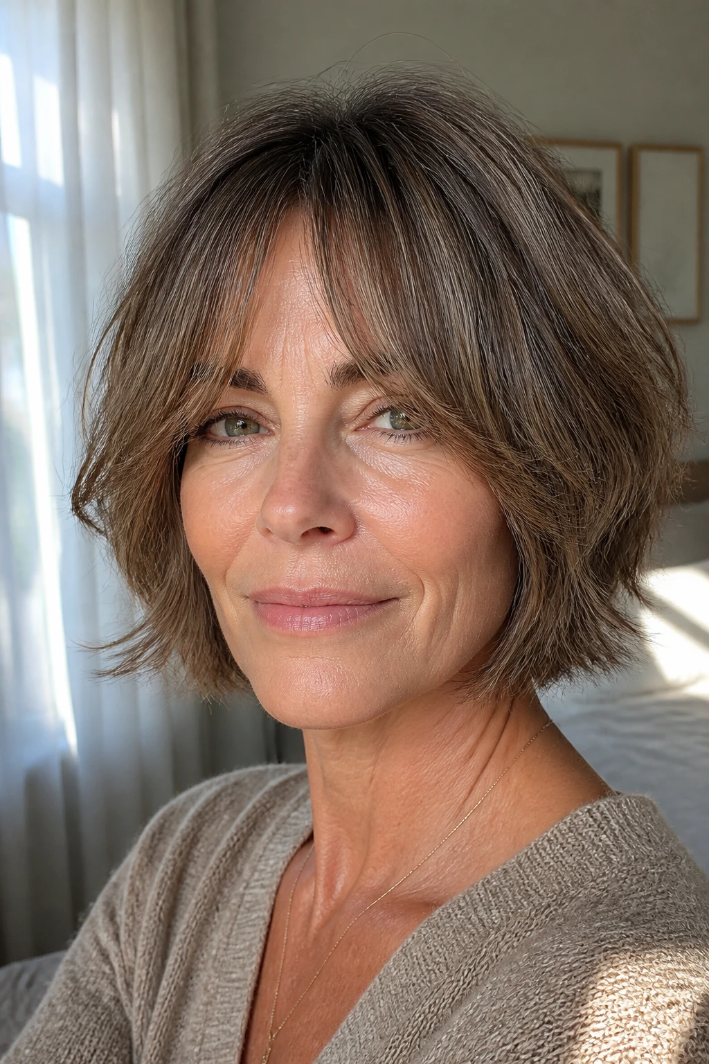Real woman with chin-grazing soft shag and curtain bangs in bright bedroom light