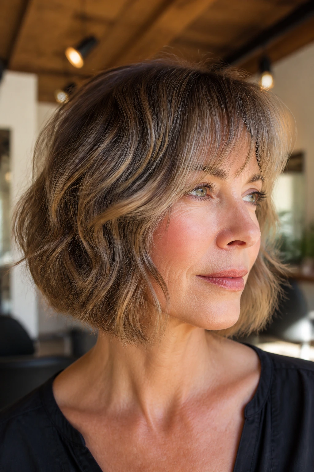 Close-up of chin-grazing shag with feathered bangs on a real woman in a sunlit salon
